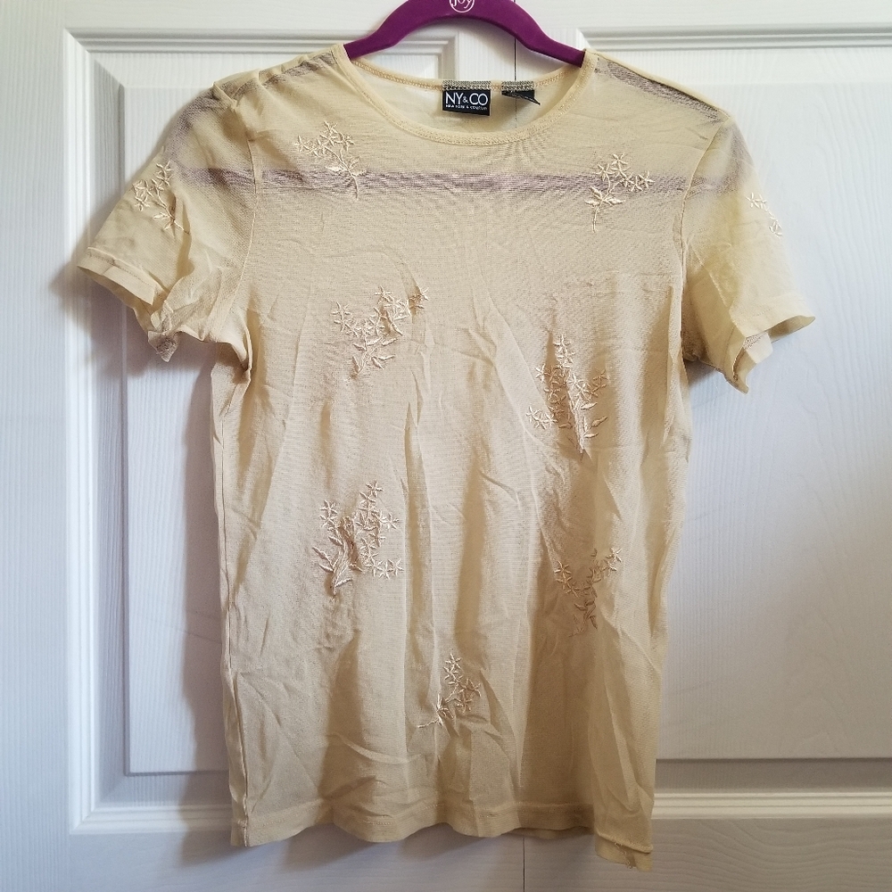 Y2K/Vintage Mesh T-shirt L Tan/Beige Sheer Floral Embroidery 90s